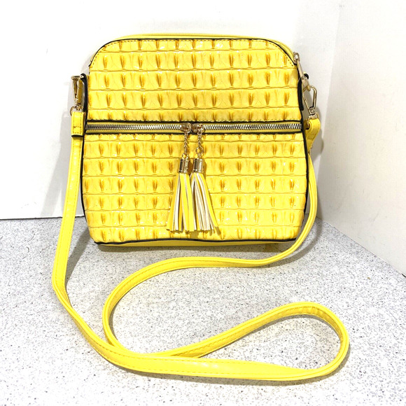 Yellow Purse Faux Alligator Moc Croc Crossbody Bag Tassels Adjustable Textured - Picture 1 of 12